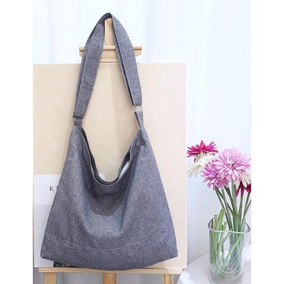 Women's Light Grey Imported Canvas Retro Large Size Shoulder Crossbody Tote Bag - Picture 2 of 4